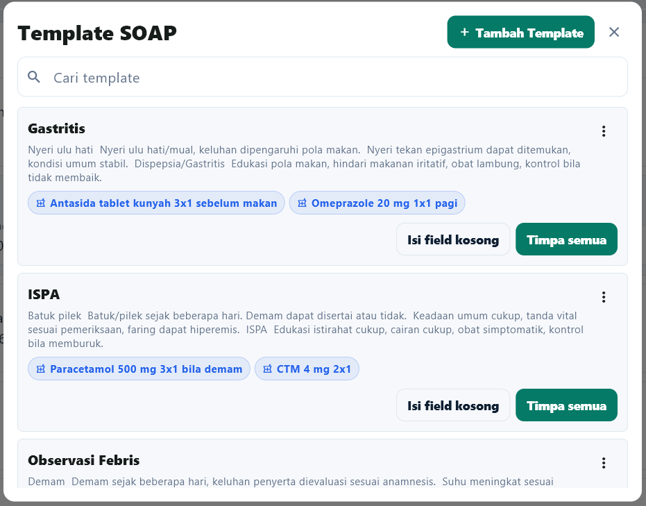 Screenshot daftar template SOAP MedPraktik dengan data dummy